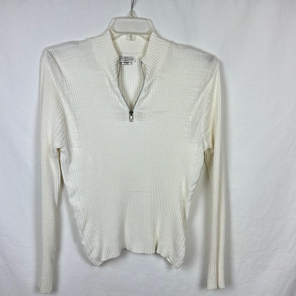 Yarnworks cream mock turtleneck with silver neckline zipper, size L